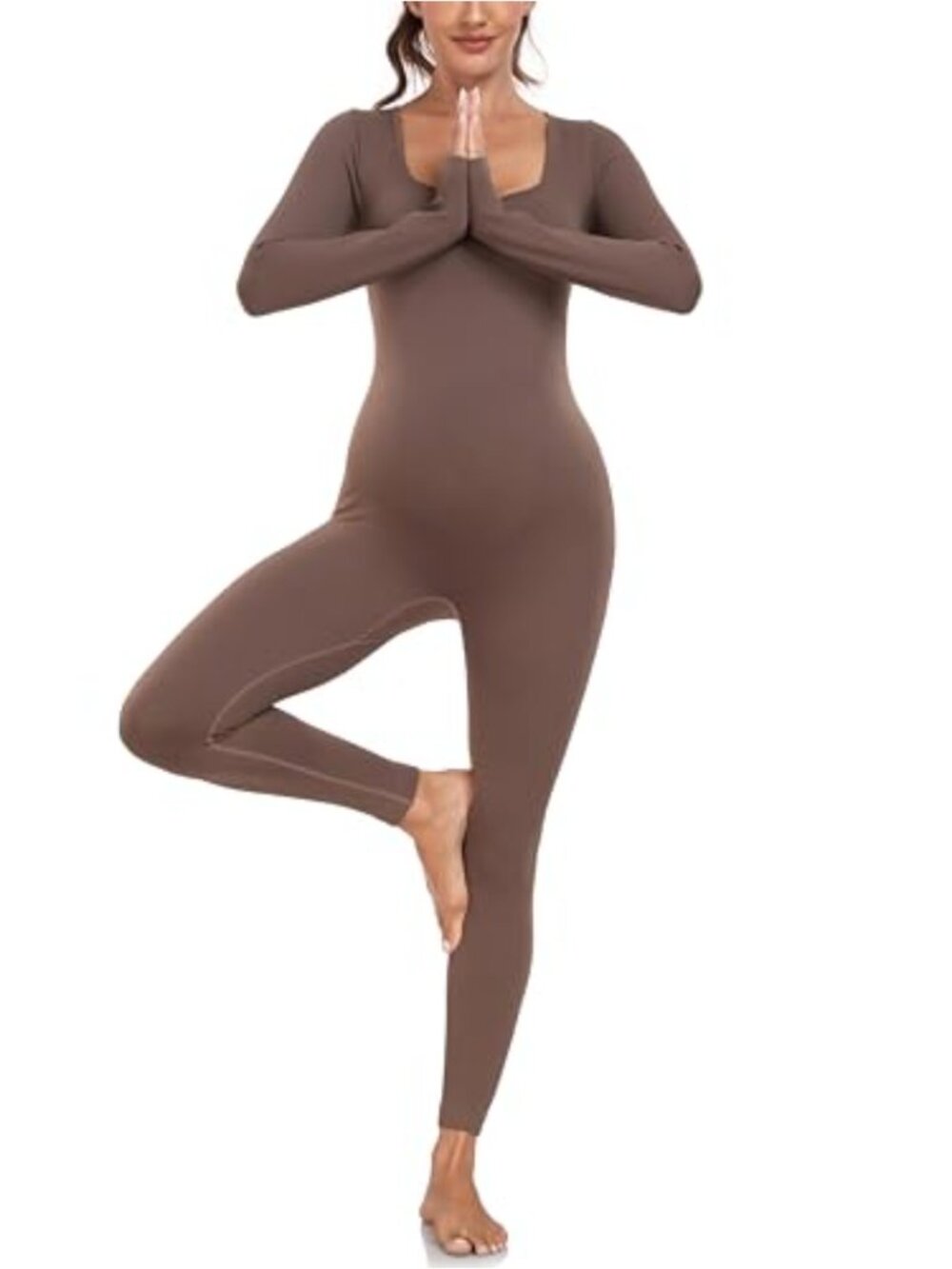 Maternity Seamless Yoga Jumpsuit Ribbed Square Neck Long Sleeve